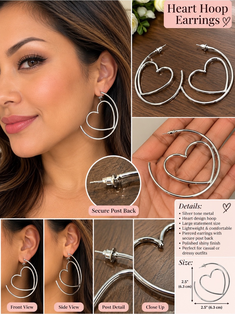 Heart Hoop Earrings — Silver Tone Women’s Statement Earrings